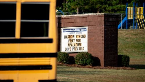 A school bus leaves Haymon-Morris Middle School. Students returned to most Barrow County schools on Tuesday, Sept. 10, 2024, for the first time after four were killed in a shooting at nearby Apalachee High School.  (Ben Hendren for the AJC)