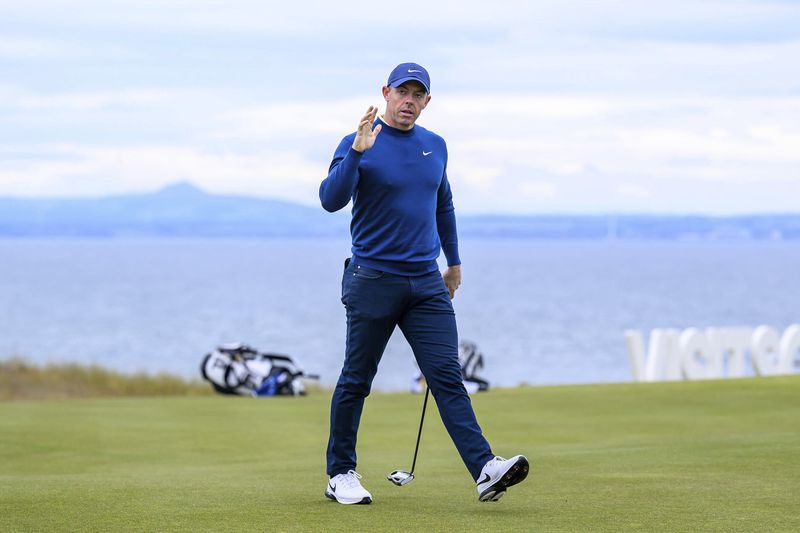 Rory McIlroy on the 12th hole on day one of the Scottish Open at The Renaissance Club, North Berwick, Scotland, Thursday July 11, 2024. (Malcolm Mackenzie/PA via AP)