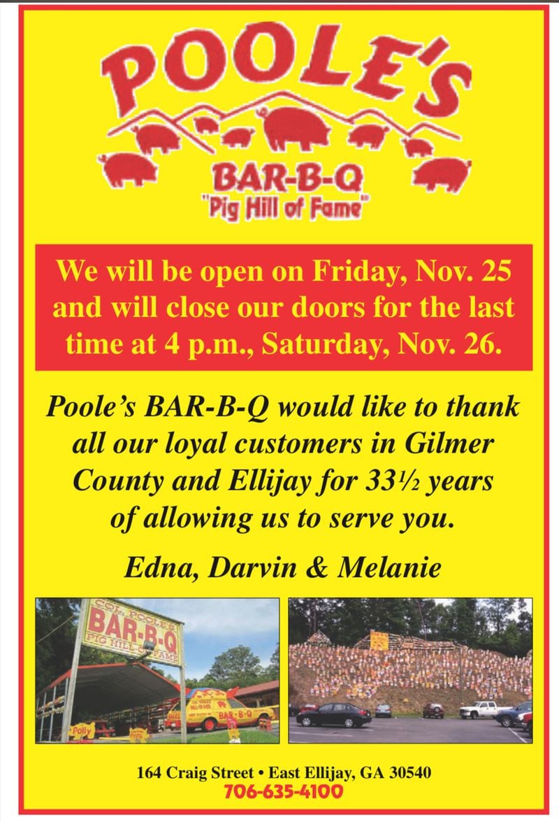 Poole's Bar-B-Q announced it will close Nov. 26, 2022.