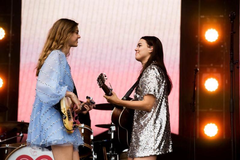 Johanna Soderberg (left), and Klara Soderberg of First Aid Kit perform during Music Midtown at Piedmont Park on Saturday, Sept. 15, 2018, in Atlanta. (Photo by Paul R. Giunta/Invision/AP)