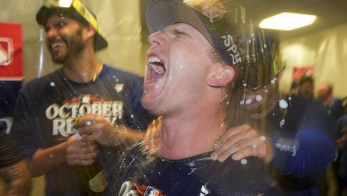 New York Mets' Pete Alonso celebrates after winning Game 3 of a National League wild card baseball game against the Milwaukee Brewers Thursday, Oct. 3, 2024, in Milwaukee. The Mets won 4-2. (AP Photo/Morry Gash)