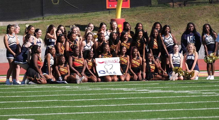 The Clarke Central and Apalachee cheer squads get together for a group photo before the game.
Apalachee High School returned to the field against Athens Clarke Central Saturday September 28, 2024 in their first game since the school schooting earlier in the month.

 Nell Carroll for the Journal Constitution