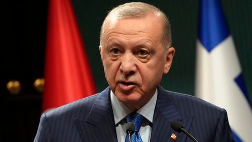 FILE - Turkish President Recep Tayyip Erdogan speaks during a news conference in Ankara, Turkey, Monday, May 13, 2024. (AP Photo/Burhan Ozbilici, File)