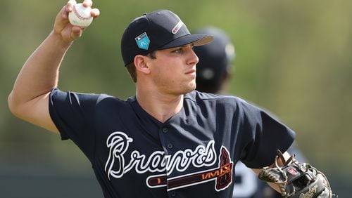 Braves infielder Austin Riley fields a ground ball during practice on Wednesday, Feb 21, 2018, at the ESPN Wide World of Sports Complex in Lake Buena Vista.     Curtis Compton/ccompton@ajc.com