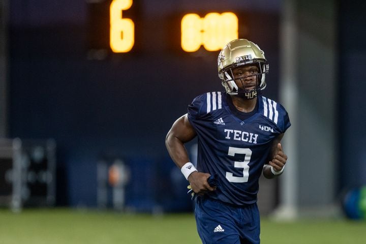 Hassan Hall (3) runs during the first day of spring practice for Georgia Tech football at Alexander Rose Bowl Field in Atlanta, GA., on Thursday, February 24, 2022. (Photo Jenn Finch)