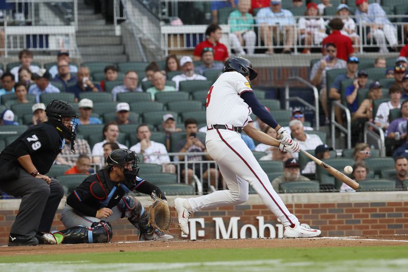 Atlanta Braves first baseman Matt Olson (28) connects for a two-run home run during the first inning against the Miami Marlins at Truist Park on Thursday, August 1, 2024, in Atlanta. 
(Miguel Martinez/ AJC)