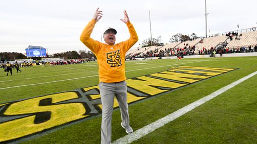 Kennesaw State coach Brian Bohannon reacts to his 48-21 win over Davidson during a first-round FCS playoff game Saturday, Nov. 27, 2021 at Fifth Third Bank Stadium. (Daniel Varnado/ For the Atlanta Journal-Constitution)