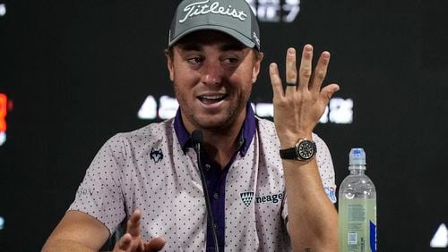 Justin Thomas speaks during a news conference ahead of a practice round for the Tour Championship golf tournament, Wednesday, Aug. 28, 2024, in Atlanta. (AP Photo/Mike Stewart)