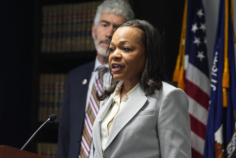 U.S. Assistant Attorney General Kristen Clarke, of the Justice Department's civil rights division, speaks after the sentencing of the shooter who killed five people and injured 19 others at a Colorado Springs LGBTQ+ club, at a hearing in federal court Tuesday, June 18, 2024, in Denver. The shooter pleaded guilty to federal hate crime charges and was sentenced to 55 life terms in prison. (AP Photo/David Zalubowski)