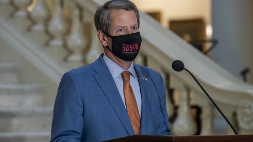 09/24/2020 - Atlanta, Georgia - Gov. Brian Kemp wears a Ô2020 CensusÕ branded face mask before encouraging Georgians to fill out the 2020 Census during a press conference at the Georgia State Capitol building in downtown Atlanta, Thursday, September 24, 2020.  (Alyssa Pointer / Alyssa.Pointer@ajc.com)