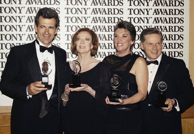 FILE - Tony Award winners, from left, James Naughton, best actor in "City of Angels," Maggie Smith, best actress for "Lettice and Lovage," Tyne Daly, best actress for "Gypsy," and Robert Morse, best actor for "Iru" pose at the Tony Awards in New York, June 3, 1990. Smith, who won an Oscar for “The Prime of Miss Jean Brodie” in 1969 and won new fans in the 21st century as the dowager Countess of Grantham in “Downton Abbey,” has died at 89. (AP Photo/Richard Drew, File)