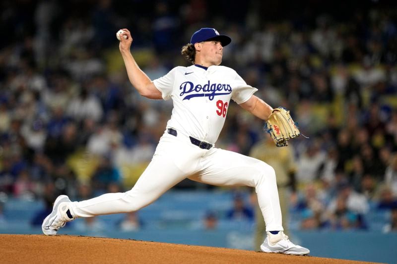 Los Angeles Dodgers starting pitcher Landon Knack throws to the plate during the first inning of a baseball game against the San Diego Padresl, Tuesday, Sept. 24, 2024, in Los Angeles. (AP Photo/Mark J. Terrill)