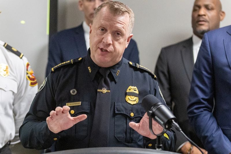 Chief of the Atlanta Police Department Darin Schierbaum talks at a press conference at the Atlanta Police Headquarters about the arrest of John Roberts Mazurek Thursday. February 8, 2024.  (Steve Schaefer/steve.schaefer@ajc.com)