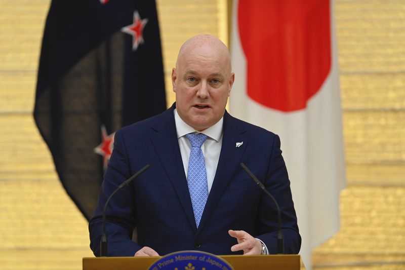 New Zealand Prime Minister Christopher Luxon speaks during a joint press conference with Japan Prime Minister Fumio Kishida following their bilateral meeting at Kishida's office in Tokyo Wednesday, June 19, 2024. (David Mareuil/Pool Photo via AP)