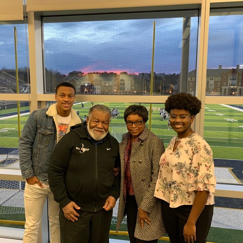 DHS students Daxton Pettus (left) and Genesis Reddicks (right) with Charles Black and Roslyn Pope, who they spoke with for their project about MLK's arrest and court appearance in Decatur in 1960.