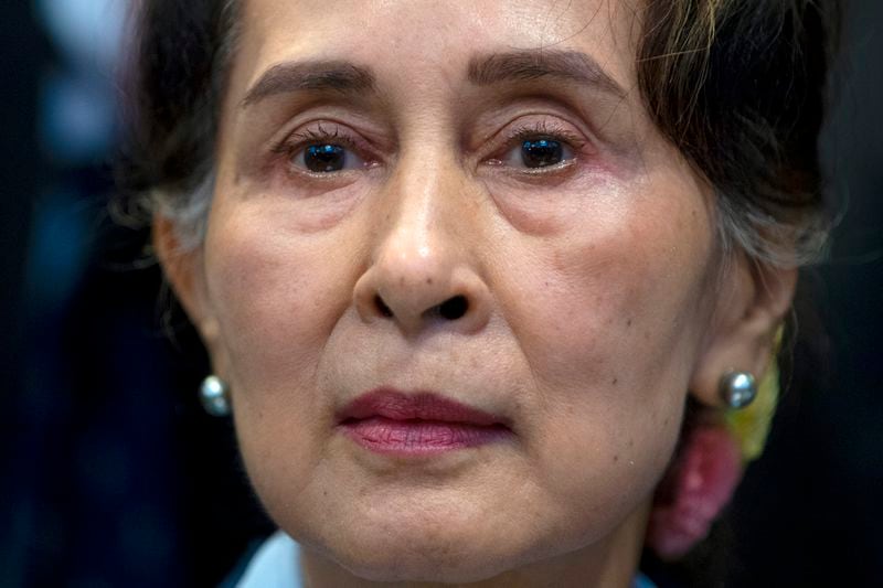 FILE - Myanmar's then eader Aung San Suu Kyi waits to address judges of the International Court of Justice on the second day of three days of hearings in The Hague, Netherlands, Dec. 11, 2019. (AP Photo/Peter Dejong, File)