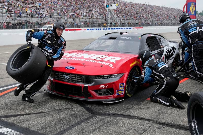 Josh Berry brings his car into the pit for tires and fuel during during a NASCAR Cup Series race, Sunday, June 23, 2024, at New Hampshire Motor Speedway, in Loudon, N.H. (AP Photo/Steven Senne)