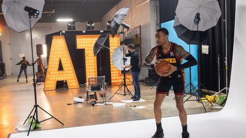 John Collins poses for a photo during Hawks media day Monday, Sept. 27, 2021. (Ben@BenGray.com)