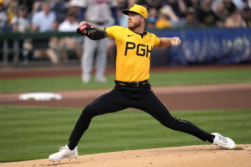 Pittsburgh Pirates starting pitcher Bailey Falter delivers during the first inning of the team's baseball game against the Atlanta Braves in Pittsburgh, Friday, May 24, 2024. (AP Photo/Gene J. Puskar)