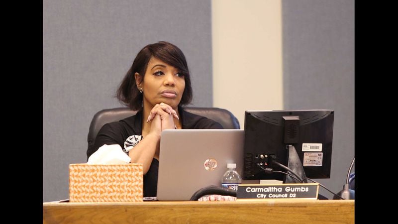 Councilwoman Carmalitha Gumbs, who represents District 2, is shown at the South Fulton City Council meeting to decide whether to fire Tiffany Sellers as chief judge of the South Fulton Municipal Court system on Tuesday, March 19, 2019. EMILY HANEY / emily.haney@ajc.com