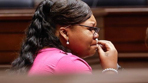 Tiana Hill sheds tears while giving testimony during a hearing that is a part of Sen. Jon Ossoff’s ongoing investigation into the abuse of pregnant women in state prisons and jails on Wednesday, Aug. 14, 2024. (Natrice Miller/ AJC)