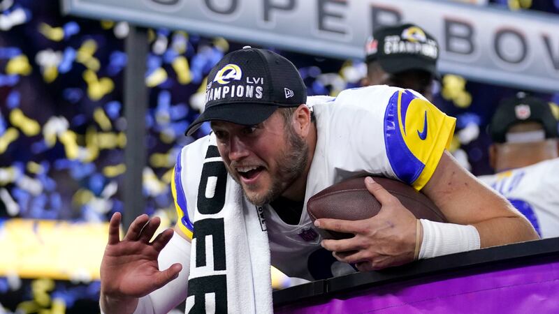 Rams quarterback Matthew Stafford celebrates after LA defeated the Cincinnati Bengals on Sunday in the Super Bowl. (AP Photo/Marcio Jose Sanchez)