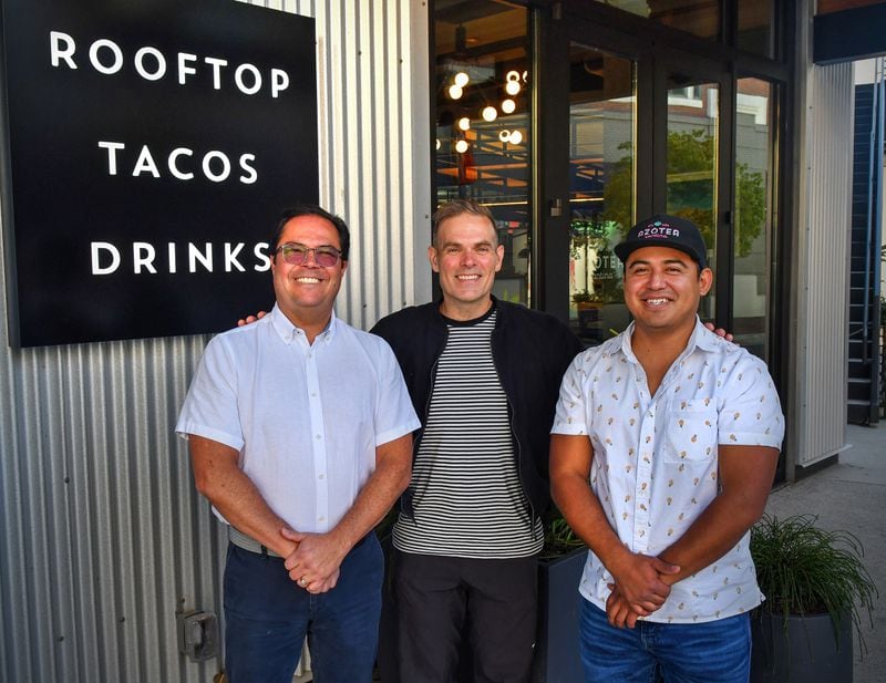 Guiding the new Azotea Cantina at Atlantic Station are (from left) Diego Velasquez (owner), Kevin Maxey (consulting chef) and Samuel Godinez (general manager). (Chris Hunt for The Atlanta Journal-Constitution)
