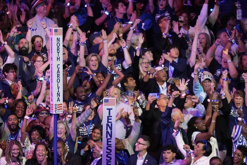 North Carolina casts their votes for Democratic presidential nominee Vice President Kamala Harris during the Democratic National Convention Tuesday, Aug. 20, 2024, in Chicago. (AP Photo/Matt Rourke)