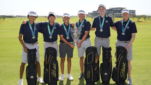 FRISCO, TX - JULY 19: Team Champions, Georgia (RVA) of Alpharetta, GA, pose with the Championship Trophy after winning the Boys' High School Golf National Invitational at Fields Ranch on Wednesday, July 19, 2023 in Frisco, Texas. (Photo by Sam Hodde/PGA of America)