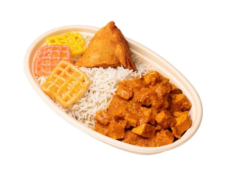 Customized curry bowls come in three sizes at Sankranti Indian Kitchen, with your choice of curry and add-ons, like mango chicken. Courtesy of Sankranti