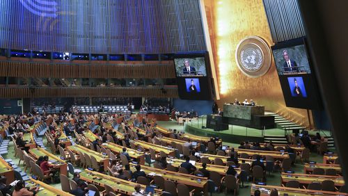 U.S. Secretary of State Antony Blinken speaks during "Summit of the Future" on the sidelines of the UN General Assembly at the United Nations Headquarters in New York, Monday, Sept. 23, 2024. (Bryan R. Smith/Pool Photo via AP)