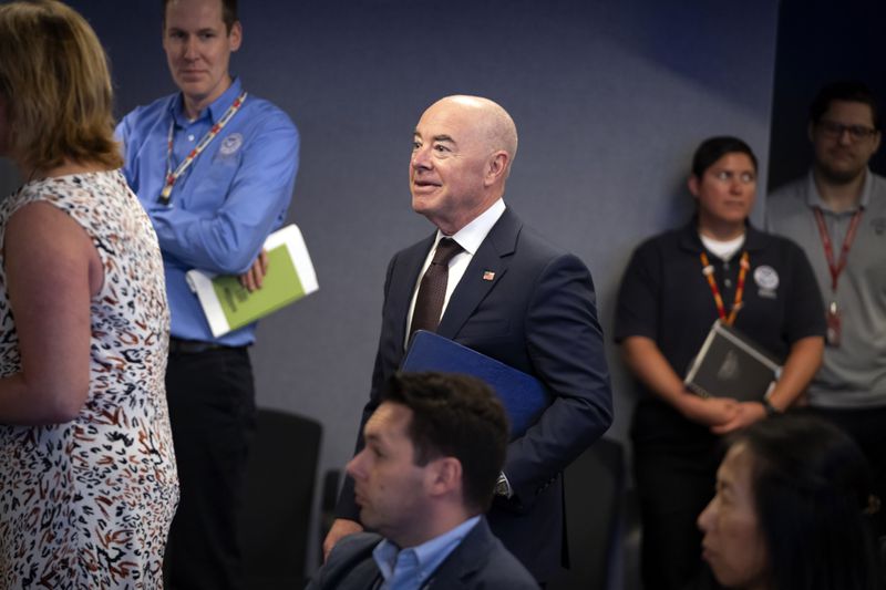 Homeland Security Secretary Alejandro Mayorkas arrives for a briefing on the 2024 hurricane and wildfire outlook at the headquarters of the Federal Emergency Management Agency (FEMA) on Friday, June 21, 2024, in Washington. (AP Photo/Mark Schiefelbein)