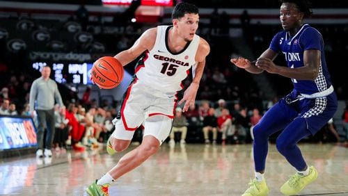 Georgia guard RJ Melendez (15) during Georgias game against High Point at Stegeman Coliseum in Athens, Ga., on Saturday, Dec. 9, 2023. (Tony Walsh/UGAAA)