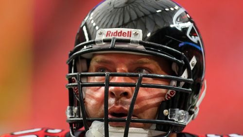 Former Falcons center Todd McClure was inducted into the Falcons’ Ring of Honor on Sunday after 14 seasons with the team. He became the 12th member of the Ring of Honor. (CURTIS COMPTON / CCOMPTON@AJC.COM)