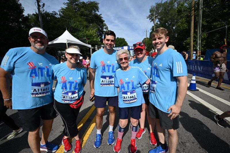 Betty Lindberg, 99, at the finish line of the AJC Peachtree Road Race. Lindberg has participated in the race 35 times. Courtesy of Amanda Tobin