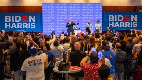 President Joe Biden drops in on the Democratic Party’s watch party at the Hyatt Regency Atlanta following his debate June 27. Biden has faced pressure, including from within the Democratic Party, to end his reelection bid following his poor performance in the showdown against former President Donald Trump. (Jenni Girtman for The Atlanta Journal-Constitution)