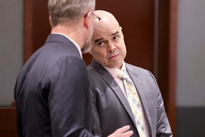 Robert Telles, right, talks with attorney Robert Draskovich during a break in testimony during his murder trial at the Regional Justice Center in Las Vegas, Friday, Aug. 16, 2024. (K.M. Cannon/Las Vegas Review-Journal via AP, Pool)