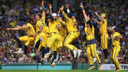 The Savannah Bananas celebrate a run in the 6th inning. The Savannah Bananas took their World Tour to a sold-out Fenway Park on Saturday, June 8, 2024, as they played the Party Animals before over 37,000 fans in Boston. (John Tlumacki/The Boston Globe)