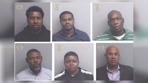 The six jailers face murder and other charges in the 2018 death of Antonio May. Top row: Arron Cook (from left), Guito Delacruz, Omar Jackson. Bottom row: Jason Roache, Kenesia Strowder, William Whitaker.