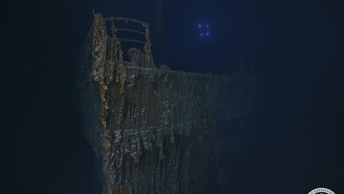 This image released on Monday, Sept. 2, 2024, shows the bow of the Titanic with a large section of the deck railing now missing photographed this summer by a company with salvage rights to the wreck site on its first expedition there in many years. (RMS Titanic Inc. via AP)