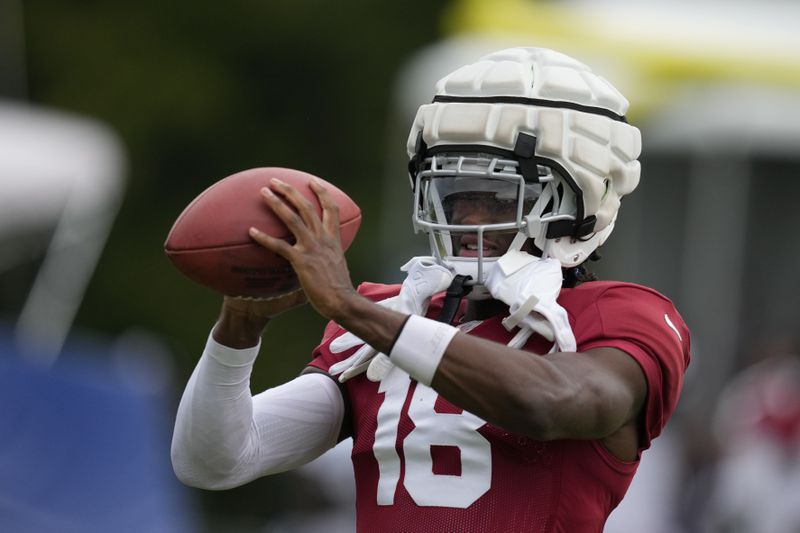 Arizona Cardinals wide receiver Marvin Harrison Jr makes a catch during a joint NFL football practice with the Indianapolis Colts, Thursday, Aug. 15, 2024, in Westfield, Ind. (AP Photo/Darron Cummings)