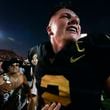 Vanderbilt quarterback Diego Pavia (2) celebrates the team's 40-35 win against Alabama after an NCAA college football game Saturday, Oct. 5, 2024, in Nashville, Tenn. (AP Photo/George Walker IV)