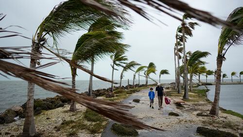 FILE - Bob Givehchi, right, and his son Daniel, 8, Toronto residents visiting Miami for the first time, walk past debris and palm trees blowing in gusty winds, at Matheson Hammock Park in Coral Gables, Fla., Dec. 15, 2023. Nearly all the experts think 2024 will be one of the busiest Atlantic hurricane seasons on record. (AP Photo/Rebecca Blackwell, File)