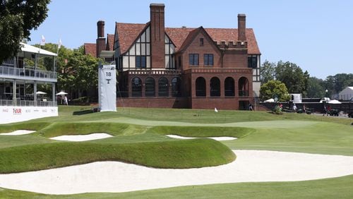 AFTER: The 18th green and clubhouse are shown during the 2024 Tour Championship at East Lake Golf Club, on Monday, Aug. 26, 2024, in Atlanta. (Jason Getz / AJC)
