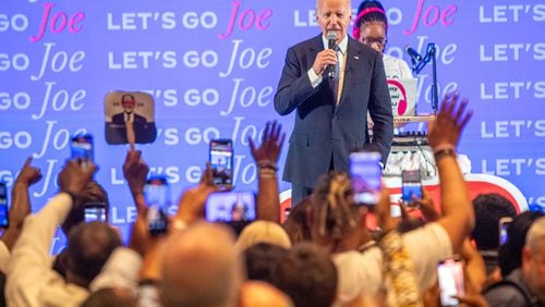 President Joe Biden drops in on the Democratic Party’s Watch Party at the Hyatt Regency Atlanta on Thursday, June 27, 2024.   (Jenni Girtman for The Atlanta Journal-Constitution)