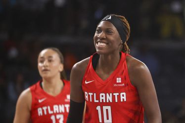 Atlanta Dream guard Rhyne Howard (10) reacts after a shot attempt during the first half against the Dallas Wings at Gateway Center Arena, Tuesday, May 21, 2024, in Atlanta. This is the Atlanta Dream’s home opener. (Jason Getz / AJC)
