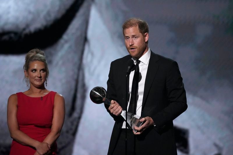 Prince Harry speaks after receiving the Pat Tillman Award For Service at the ESPY awards on Thursday, July 11, 2024, at the Dolby Theatre in Los Angeles. (AP Photo/Mark J. Terrill)