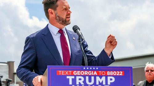 Republican vice presidential nominee JD Vance focused on immigration during a rally Thursday at the Lowndes County Sheriff's Office in Valdosta. (AP Photo/Gary McCullough)