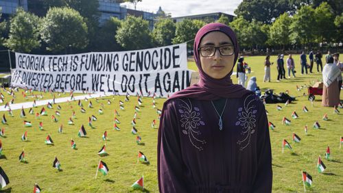 Renee Alnoubani, a fourth-year civil engineering student and president of the Muslim Student Association at Georgia Tech, stands on the campus green at a memorial on Tuesday, Aug. 20, 2024, for Palestinians affected by the Gaza conflict. (Olivia Bowdoin for the Atlanta Journal-Constitution)