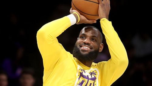 Lakers forward LeBron James warms up before the game against the Blazers at crypto.com Arena in Los Angeles on Nov. 30, 2022. (Luis Sinco/Los Angeles Times/TNS)